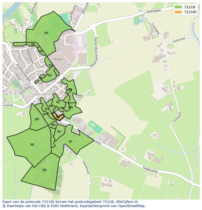 Afbeelding van het postcodegebied 7221 BJ op de kaart.
