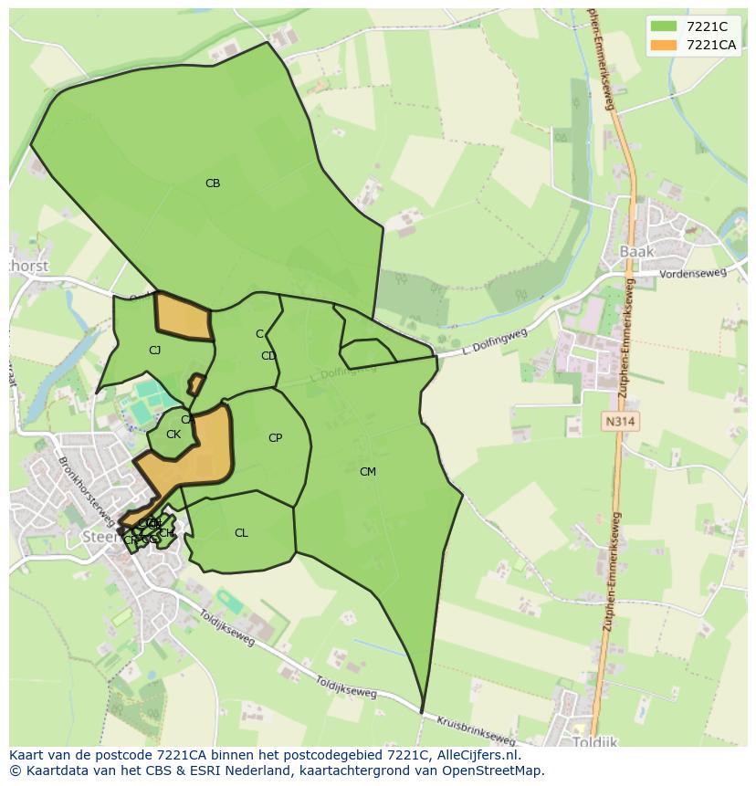 Afbeelding van het postcodegebied 7221 CA op de kaart.