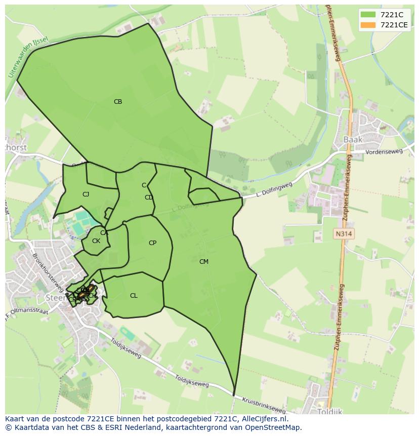 Afbeelding van het postcodegebied 7221 CE op de kaart.