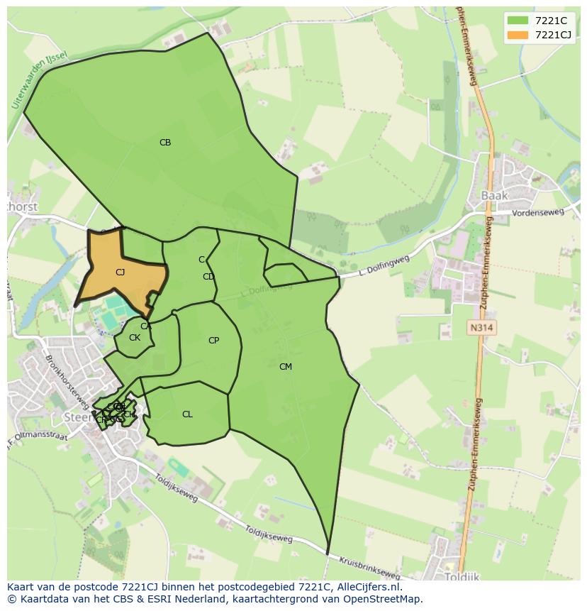 Afbeelding van het postcodegebied 7221 CJ op de kaart.