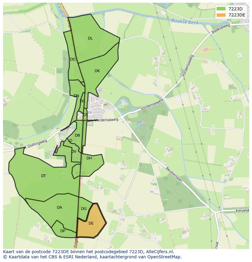 Afbeelding van het postcodegebied 7223 DE op de kaart.