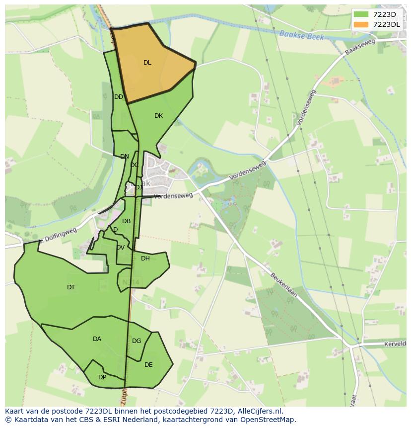 Afbeelding van het postcodegebied 7223 DL op de kaart.