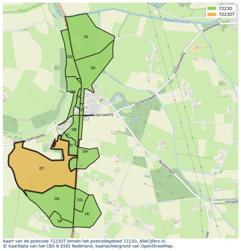Afbeelding van het postcodegebied 7223 DT op de kaart.