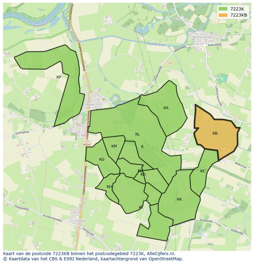 Afbeelding van het postcodegebied 7223 KB op de kaart.