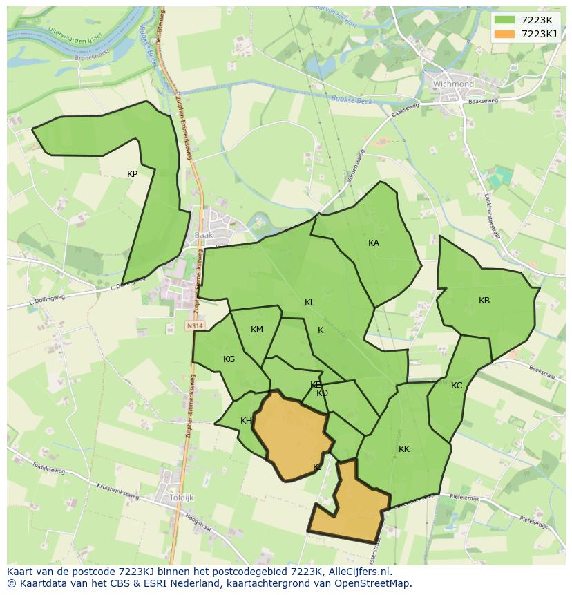 Afbeelding van het postcodegebied 7223 KJ op de kaart.