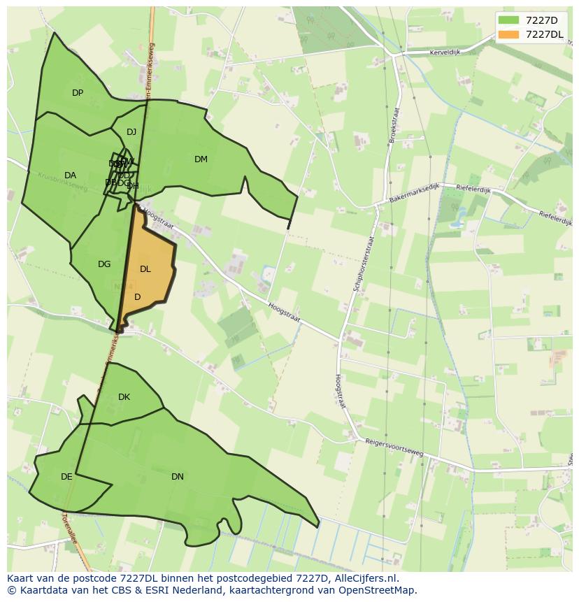 Afbeelding van het postcodegebied 7227 DL op de kaart.