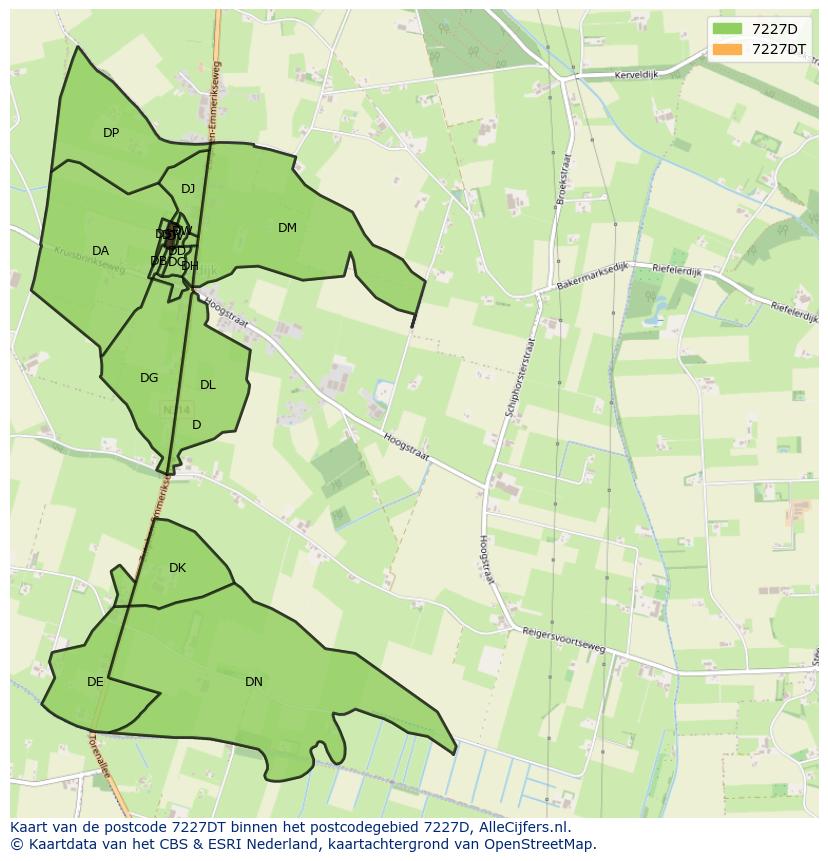 Afbeelding van het postcodegebied 7227 DT op de kaart.