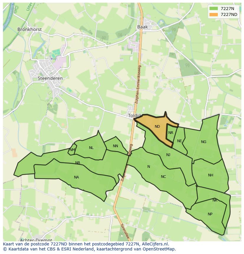Afbeelding van het postcodegebied 7227 ND op de kaart.