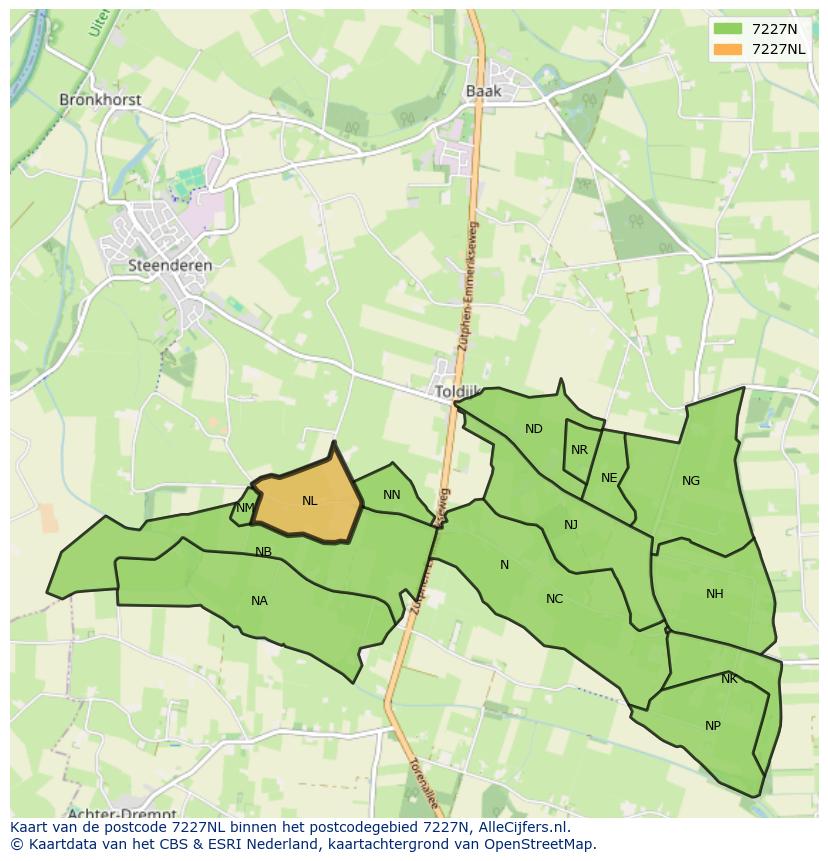 Afbeelding van het postcodegebied 7227 NL op de kaart.