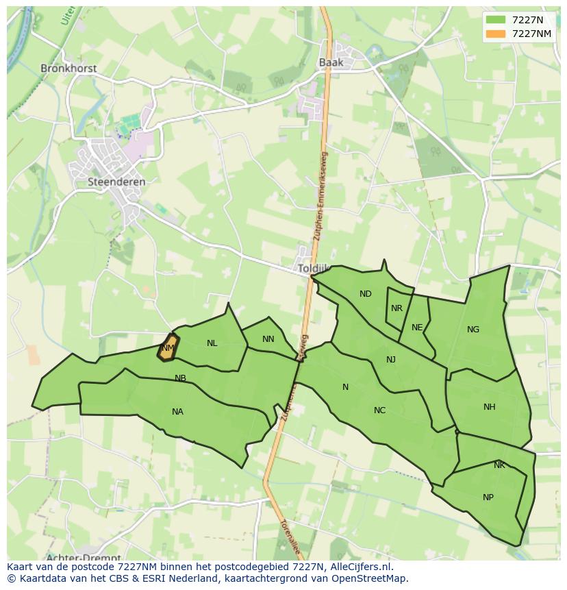 Afbeelding van het postcodegebied 7227 NM op de kaart.