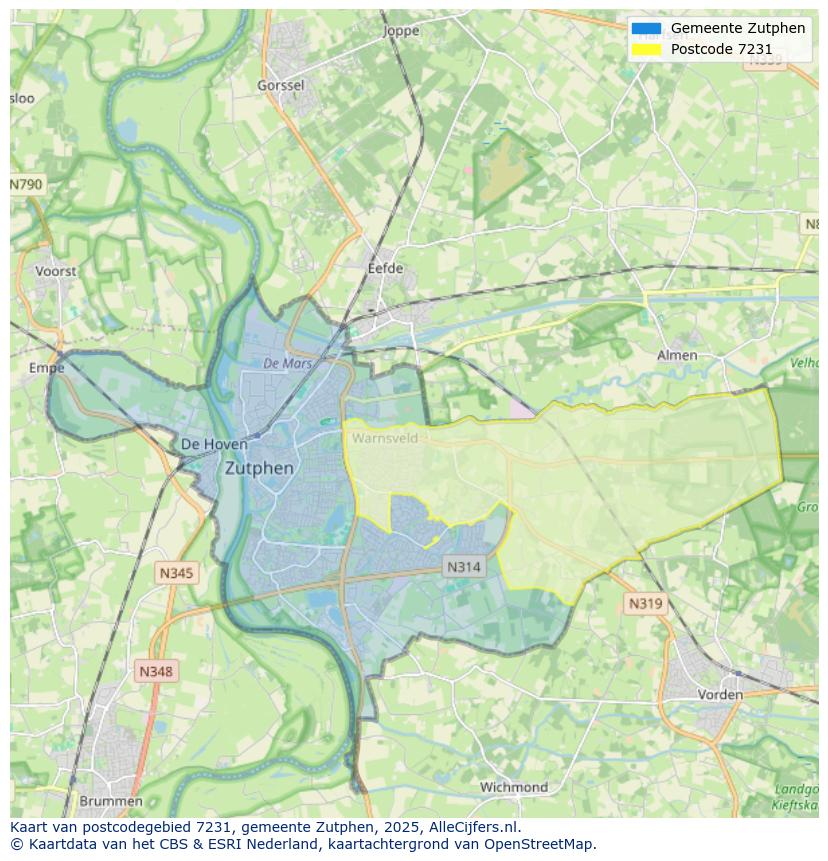 Afbeelding van het postcodegebied 7231 op de kaart.