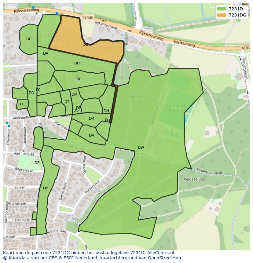 Afbeelding van het postcodegebied 7231 DG op de kaart.