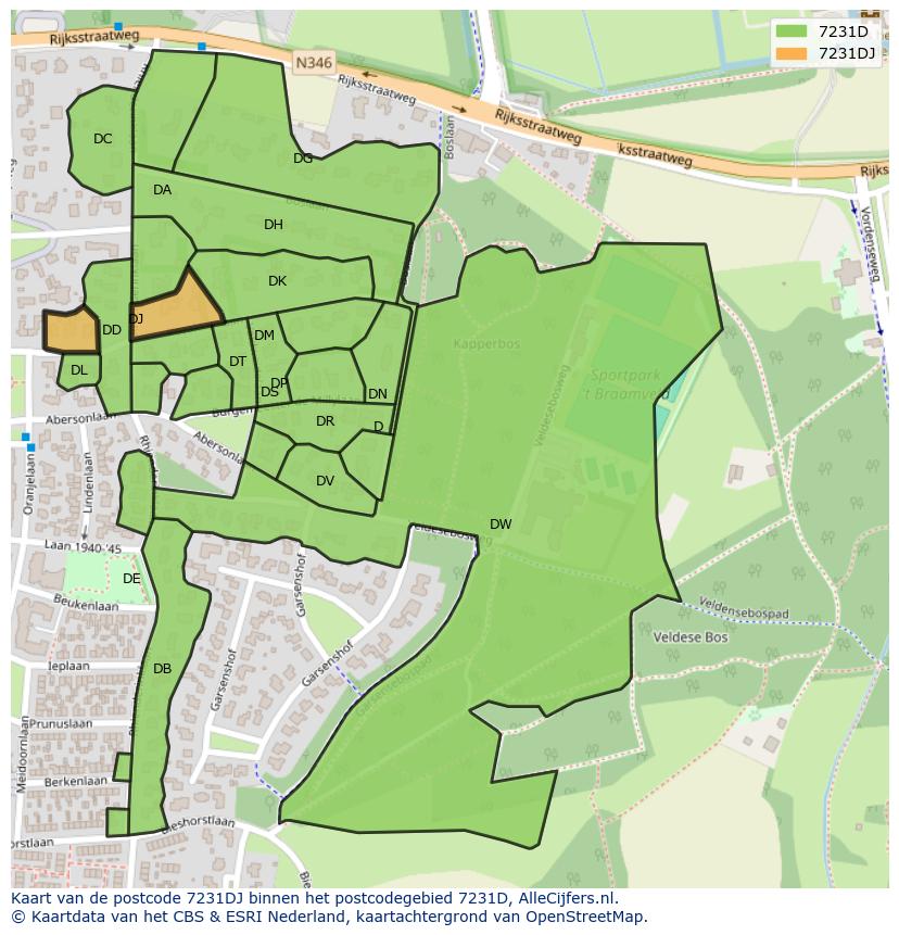 Afbeelding van het postcodegebied 7231 DJ op de kaart.