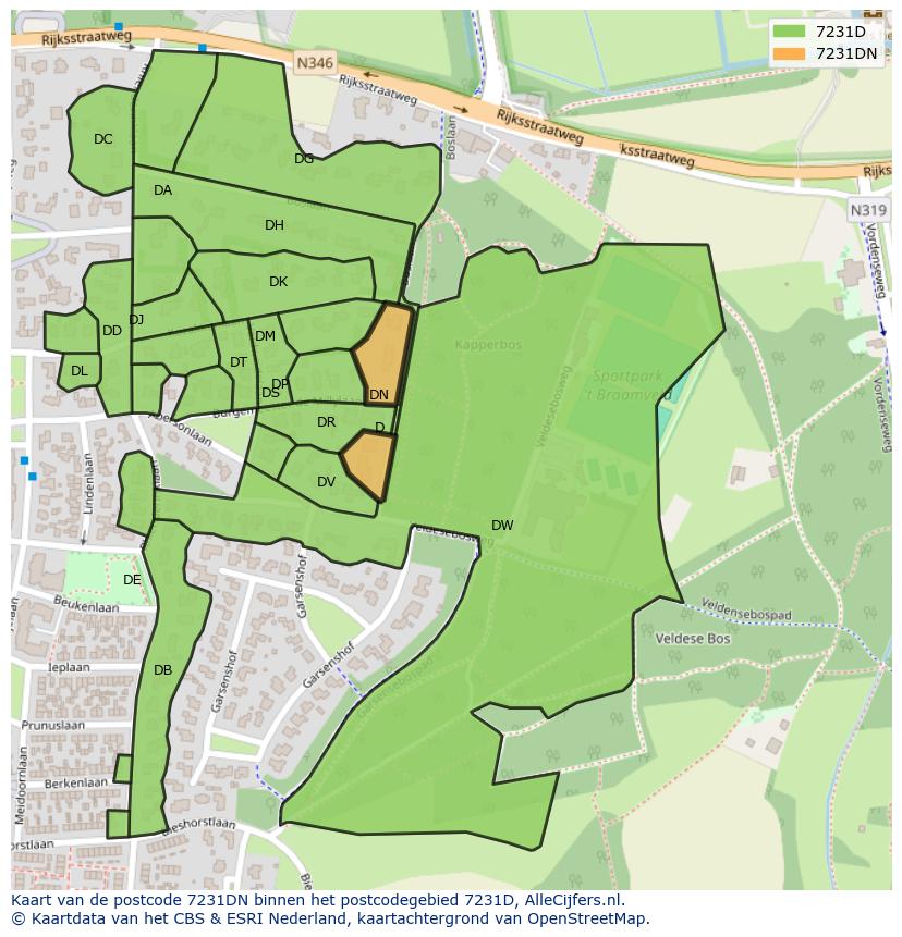 Afbeelding van het postcodegebied 7231 DN op de kaart.