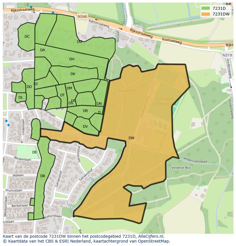 Afbeelding van het postcodegebied 7231 DW op de kaart.