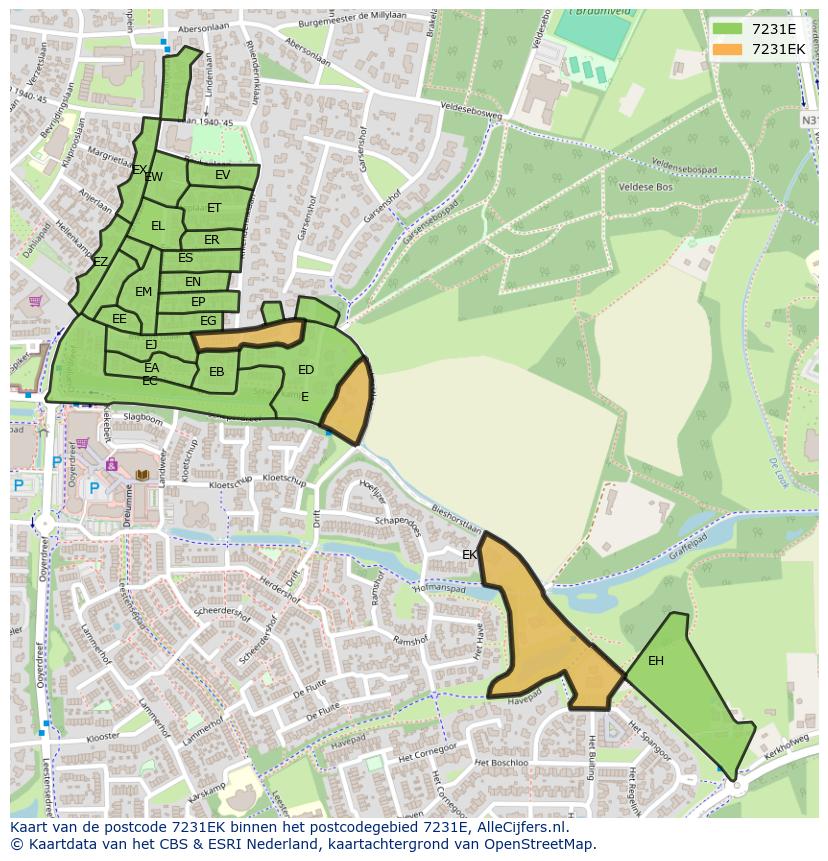 Afbeelding van het postcodegebied 7231 EK op de kaart.