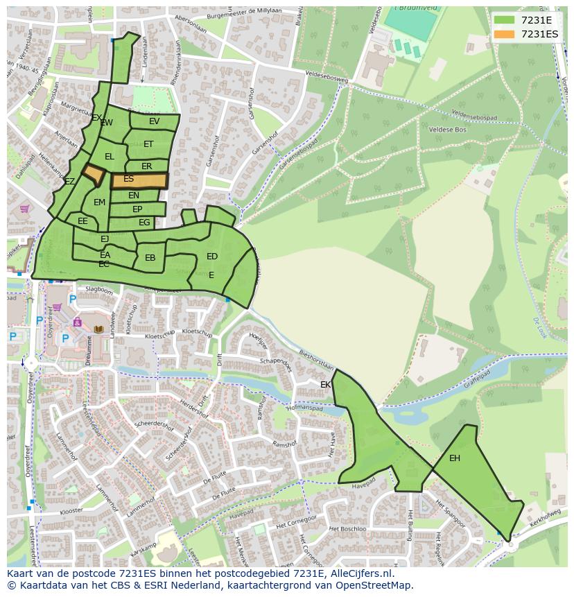 Afbeelding van het postcodegebied 7231 ES op de kaart.
