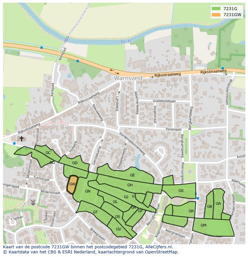 Afbeelding van het postcodegebied 7231 GW op de kaart.