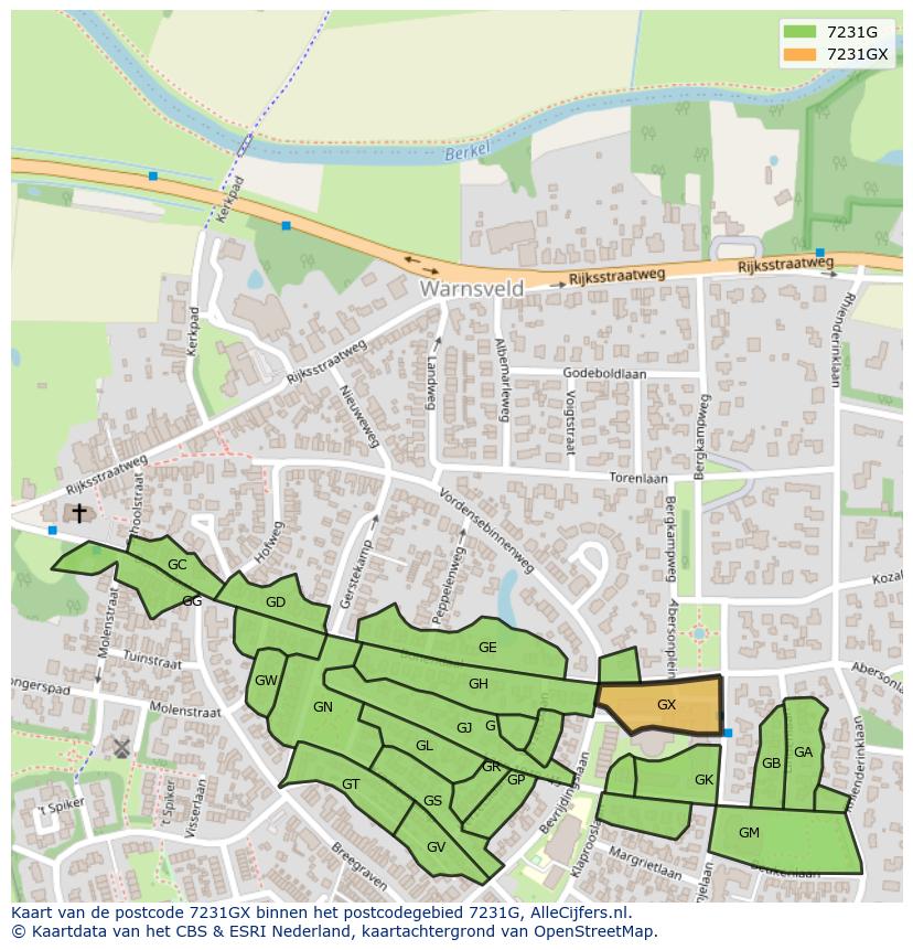 Afbeelding van het postcodegebied 7231 GX op de kaart.