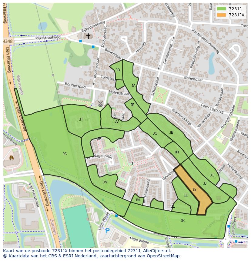 Afbeelding van het postcodegebied 7231 JX op de kaart.