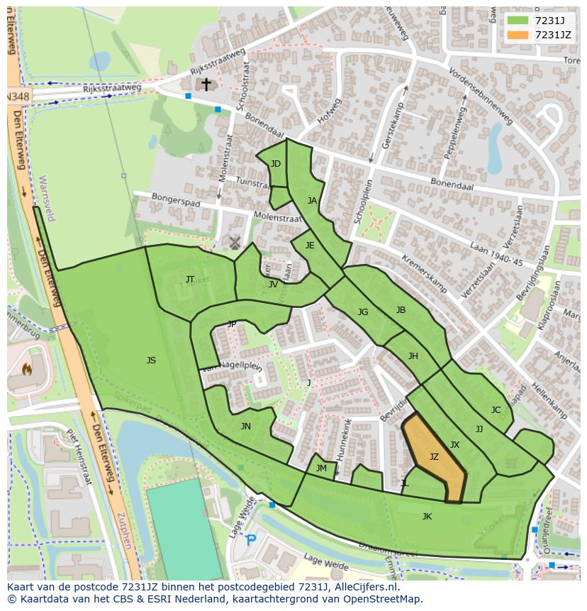 Afbeelding van het postcodegebied 7231 JZ op de kaart.