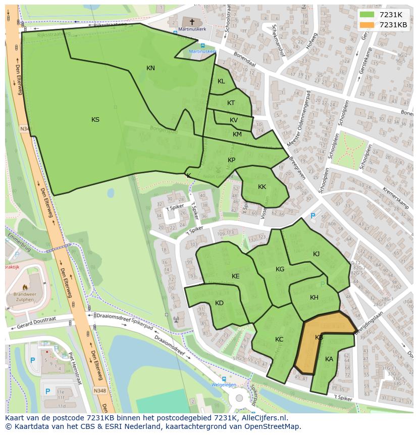 Afbeelding van het postcodegebied 7231 KB op de kaart.