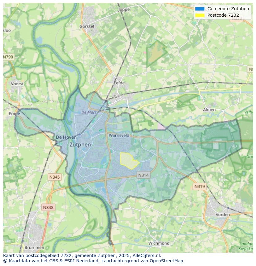 Afbeelding van het postcodegebied 7232 op de kaart.