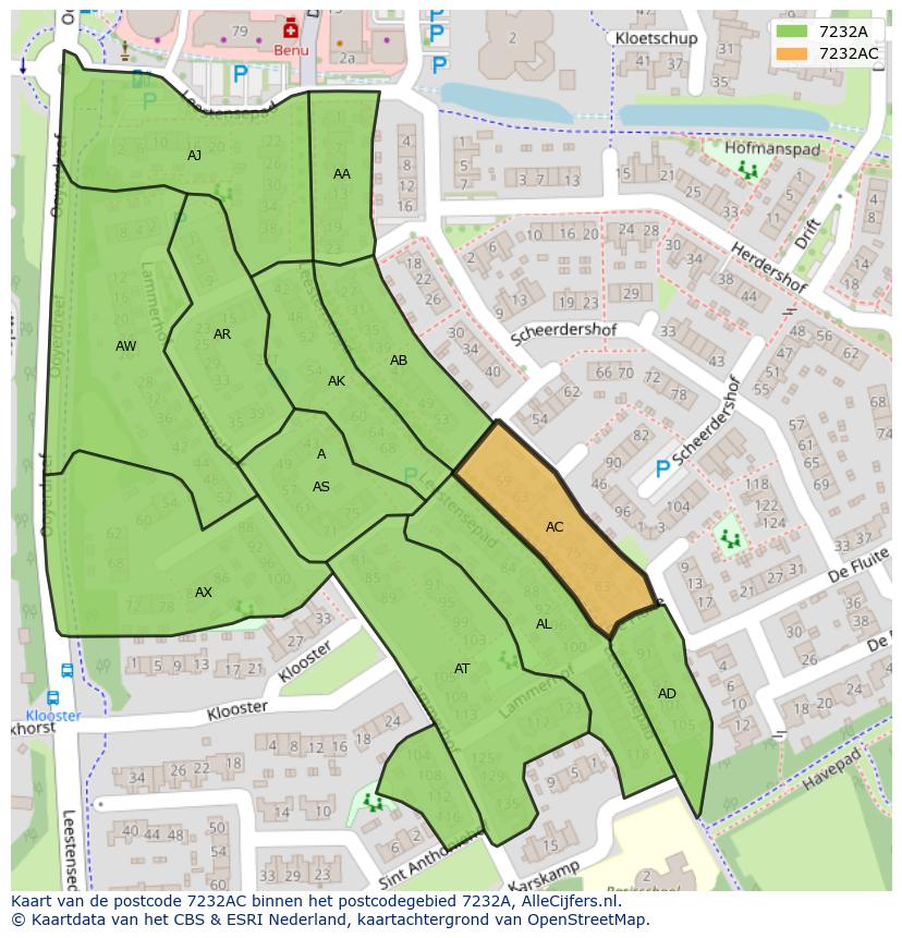 Afbeelding van het postcodegebied 7232 AC op de kaart.