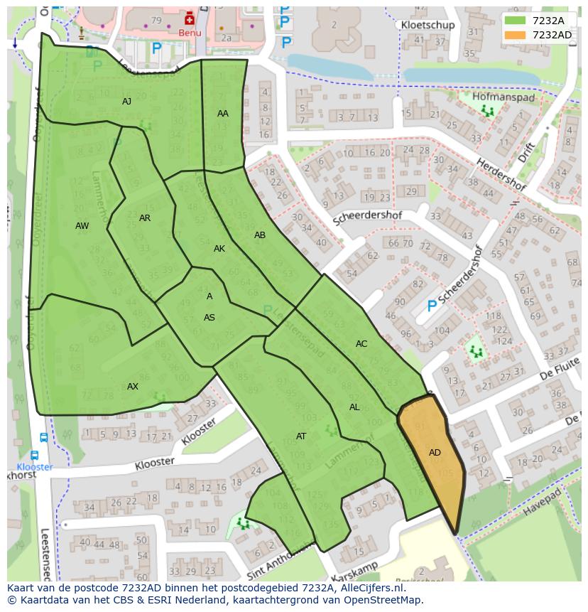 Afbeelding van het postcodegebied 7232 AD op de kaart.