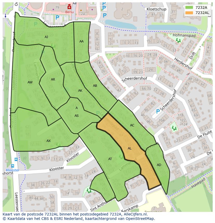Afbeelding van het postcodegebied 7232 AL op de kaart.