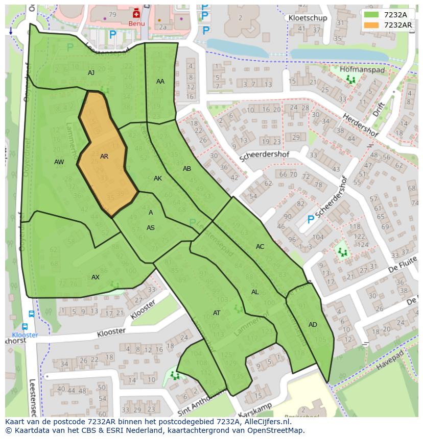 Afbeelding van het postcodegebied 7232 AR op de kaart.
