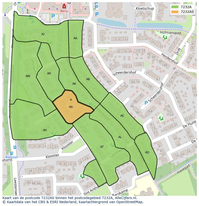 Afbeelding van het postcodegebied 7232 AS op de kaart.