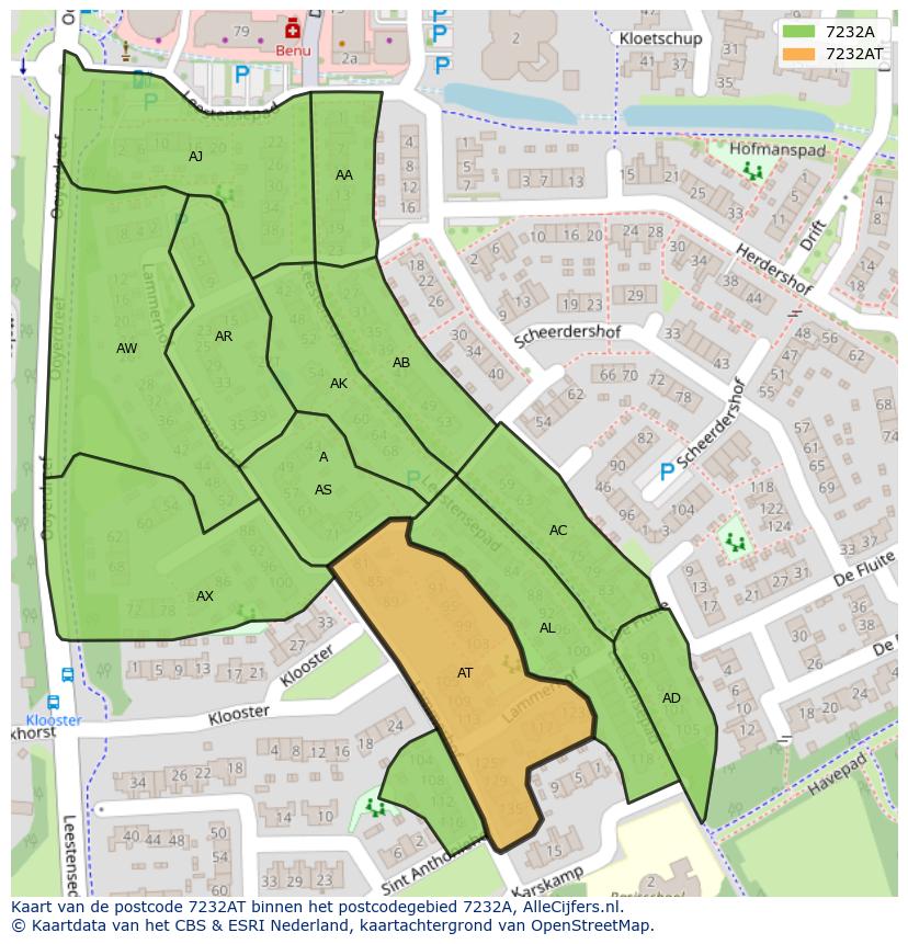 Afbeelding van het postcodegebied 7232 AT op de kaart.