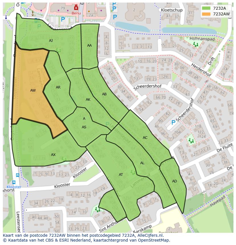 Afbeelding van het postcodegebied 7232 AW op de kaart.