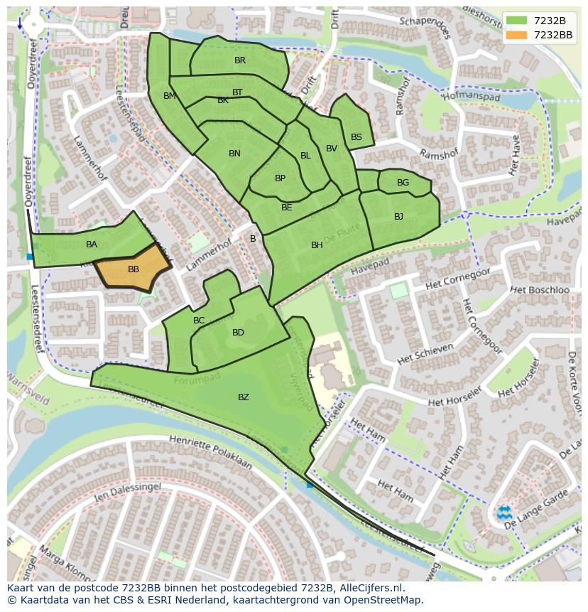 Afbeelding van het postcodegebied 7232 BB op de kaart.