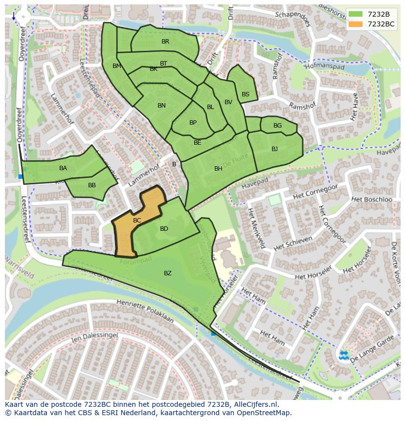 Afbeelding van het postcodegebied 7232 BC op de kaart.