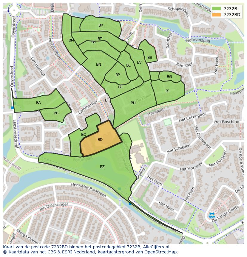 Afbeelding van het postcodegebied 7232 BD op de kaart.