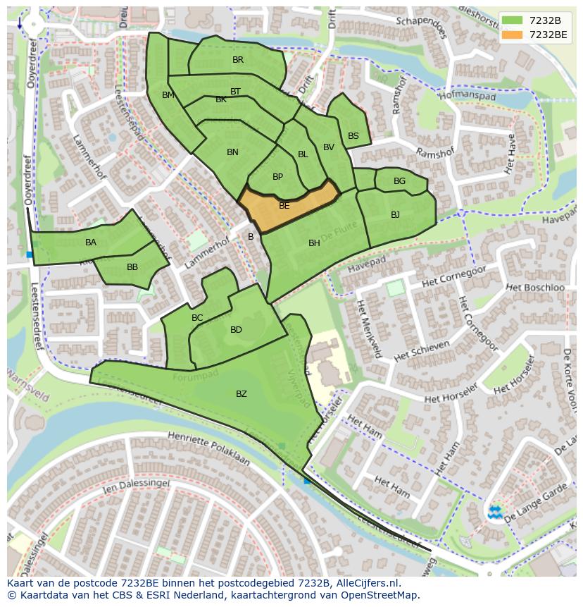 Afbeelding van het postcodegebied 7232 BE op de kaart.