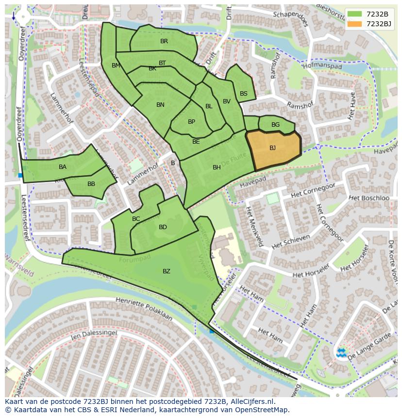Afbeelding van het postcodegebied 7232 BJ op de kaart.