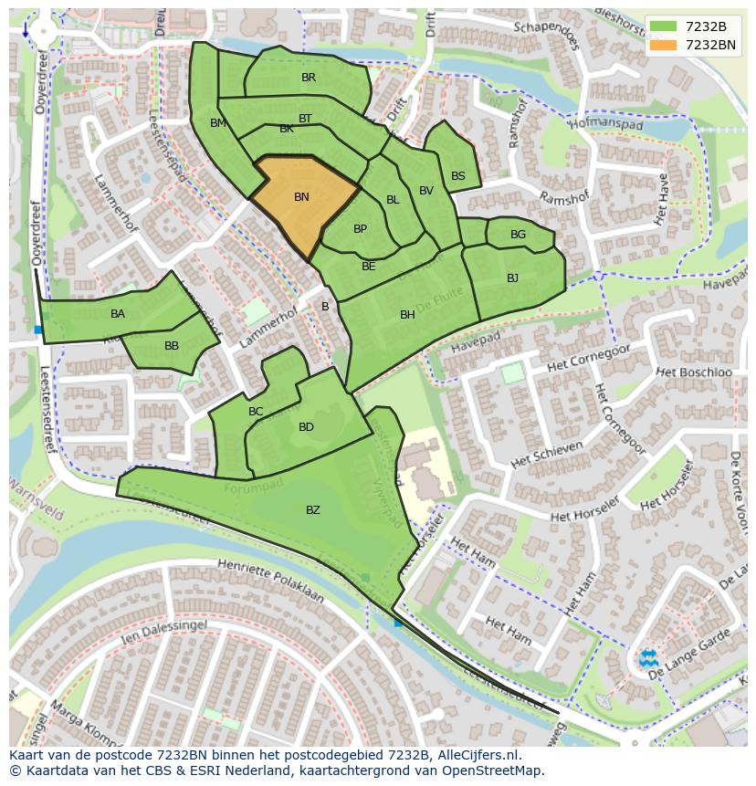 Afbeelding van het postcodegebied 7232 BN op de kaart.