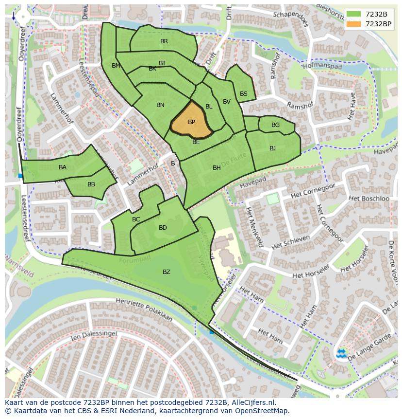 Afbeelding van het postcodegebied 7232 BP op de kaart.