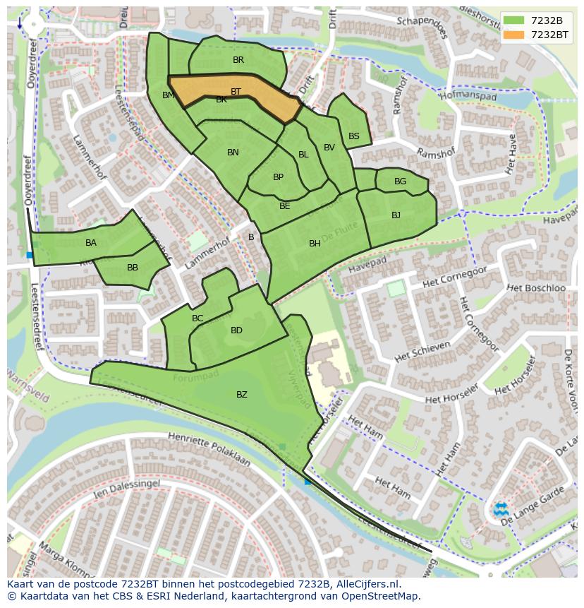 Afbeelding van het postcodegebied 7232 BT op de kaart.
