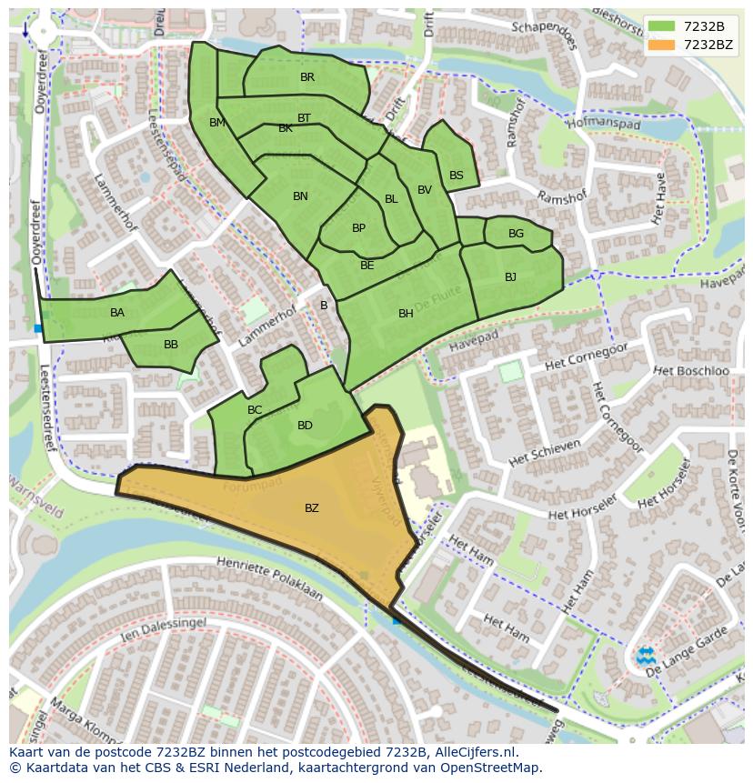 Afbeelding van het postcodegebied 7232 BZ op de kaart.