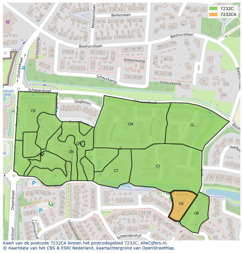 Afbeelding van het postcodegebied 7232 CA op de kaart.