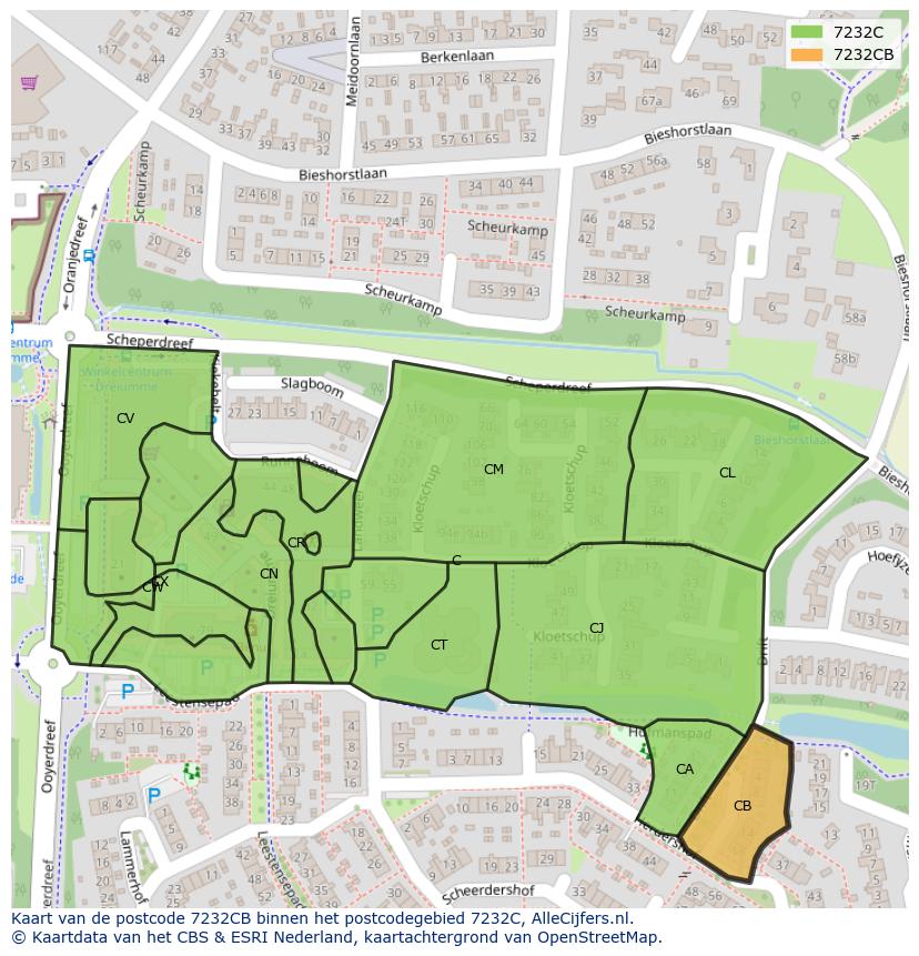 Afbeelding van het postcodegebied 7232 CB op de kaart.
