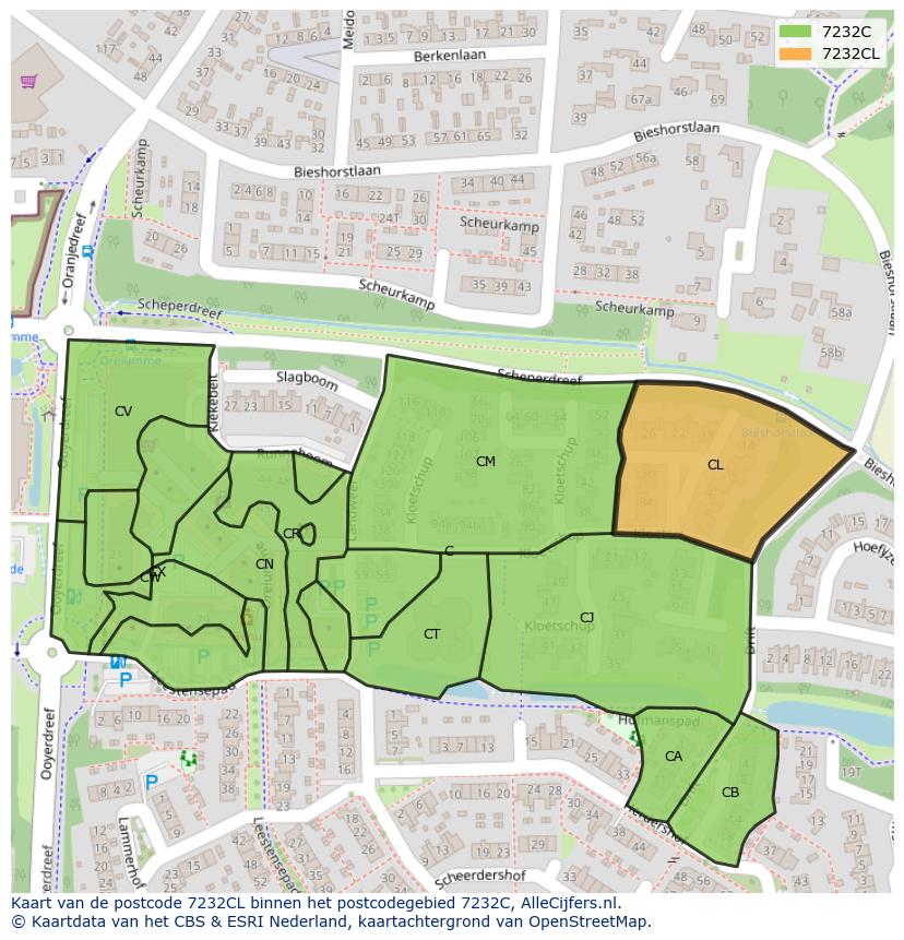 Afbeelding van het postcodegebied 7232 CL op de kaart.