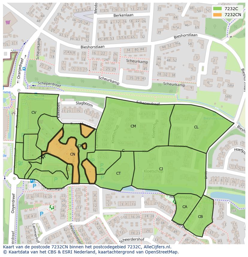 Afbeelding van het postcodegebied 7232 CN op de kaart.