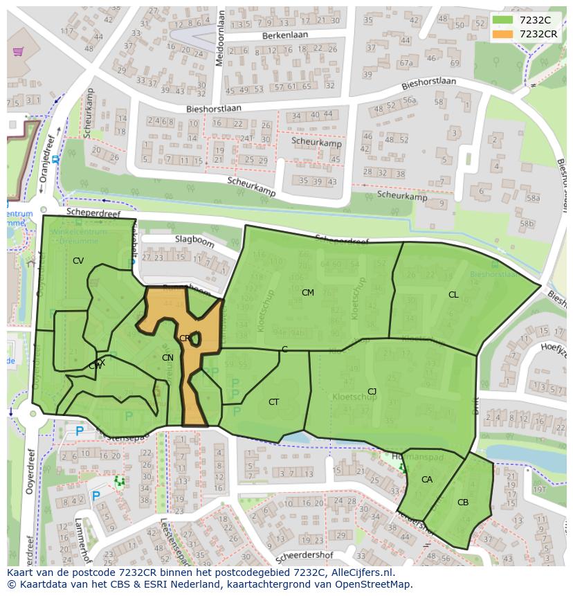 Afbeelding van het postcodegebied 7232 CR op de kaart.
