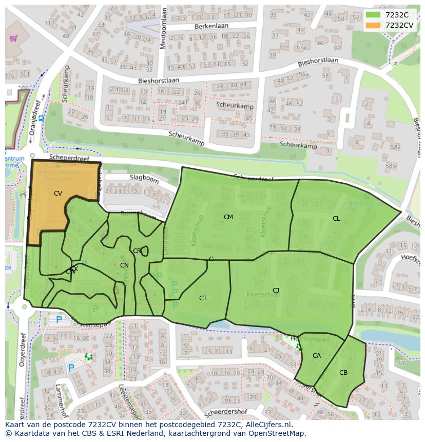 Afbeelding van het postcodegebied 7232 CV op de kaart.