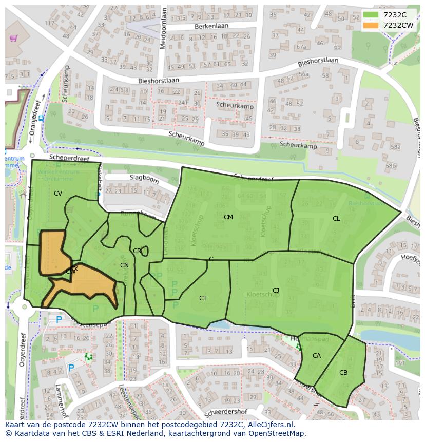 Afbeelding van het postcodegebied 7232 CW op de kaart.